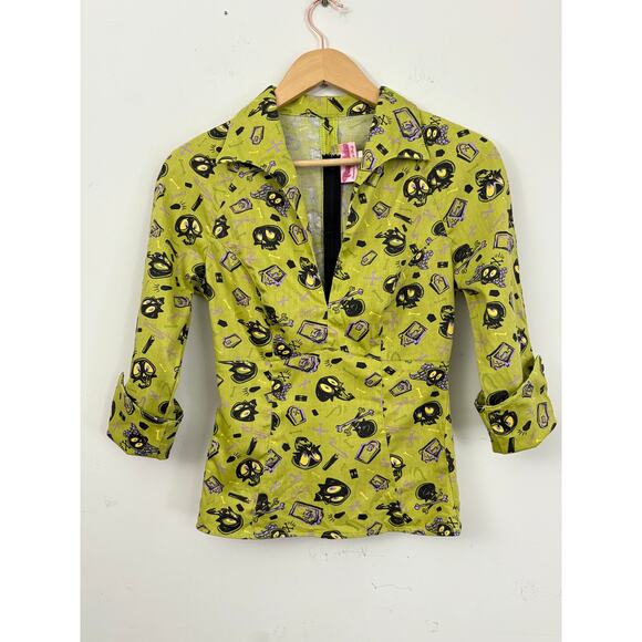 Pinup Couture Lime Green Spooky Skeleton Print 2 Piece Set Top & Skirt Sz S - Picture 8 of 13